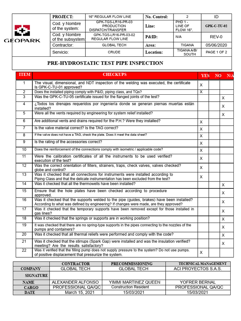 GPK-C-TU-02 - Inspection of Pipe Pre-Hydrostatic Test Flow Line 16 PHD ...