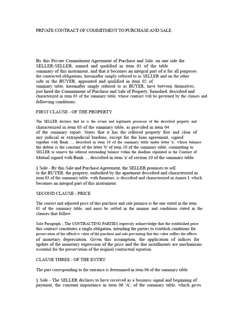 Real Estate - Private Agreement of Commitment To Purchase and Sale ...