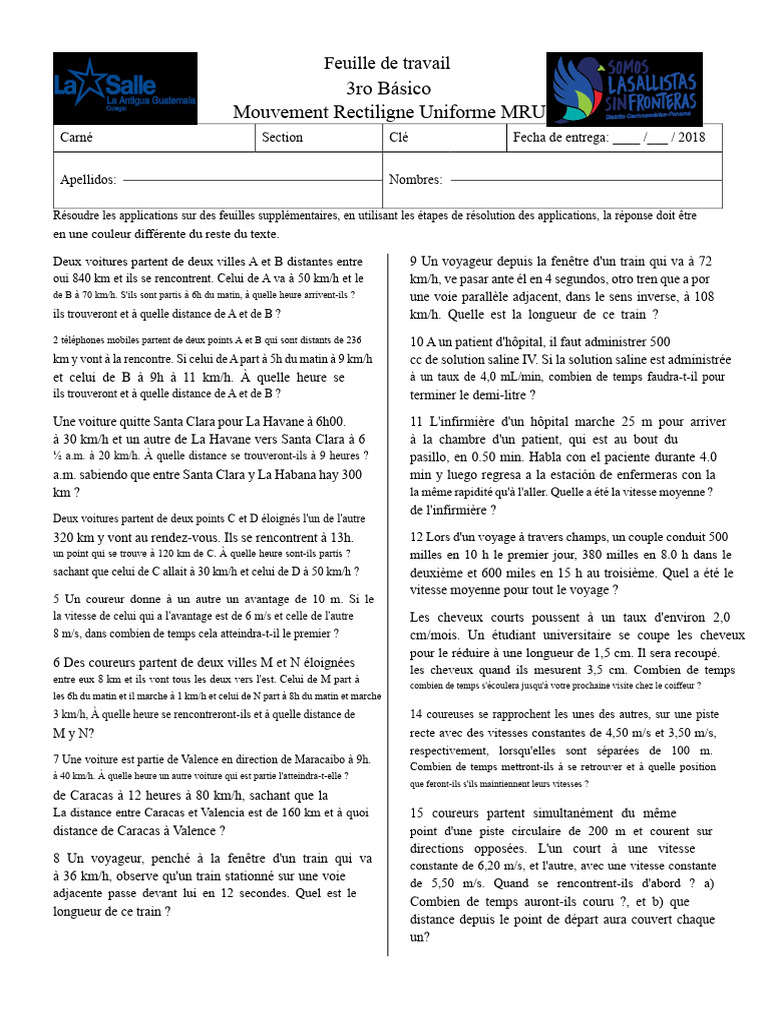 Exercices de Mouvement Rectiligne Uniforme | PDF