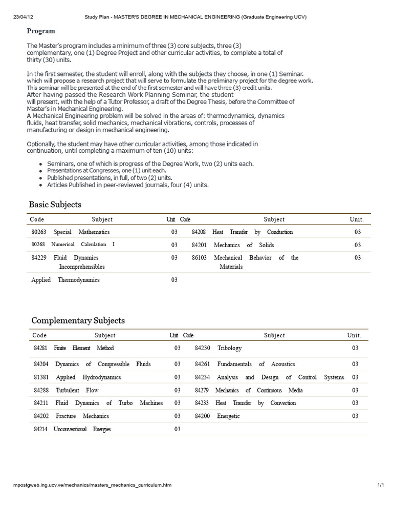 Master's in Mechanical Engineering Curriculum | PDF | Fluid Dynamics ...