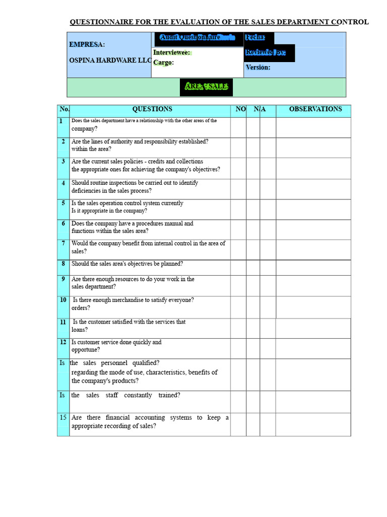 Sales Department Evaluation Questionnaire | PDF