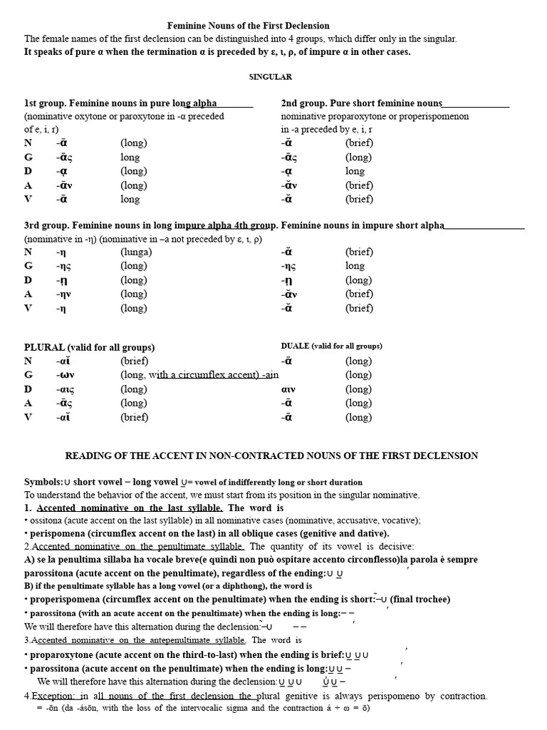 First Declension Feminine Nouns Guide | PDF | Grammatical Gender | Syntax