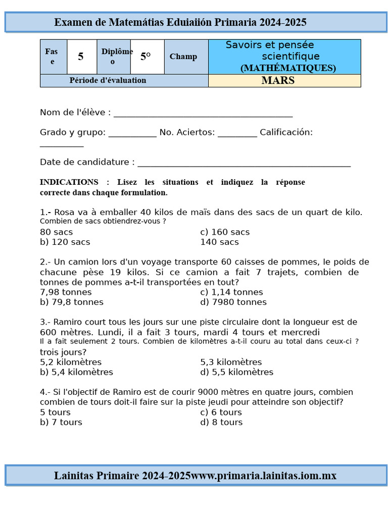 Examen de Mathématiques Primaire 2024-2025 | PDF