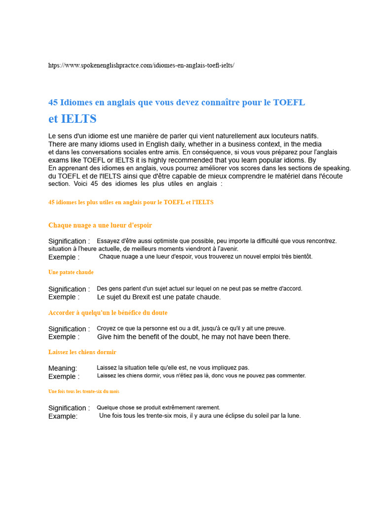 45 Idiomes Anglais Essentiels TOEFL IELTS | PDF | Test d'anglais en ...