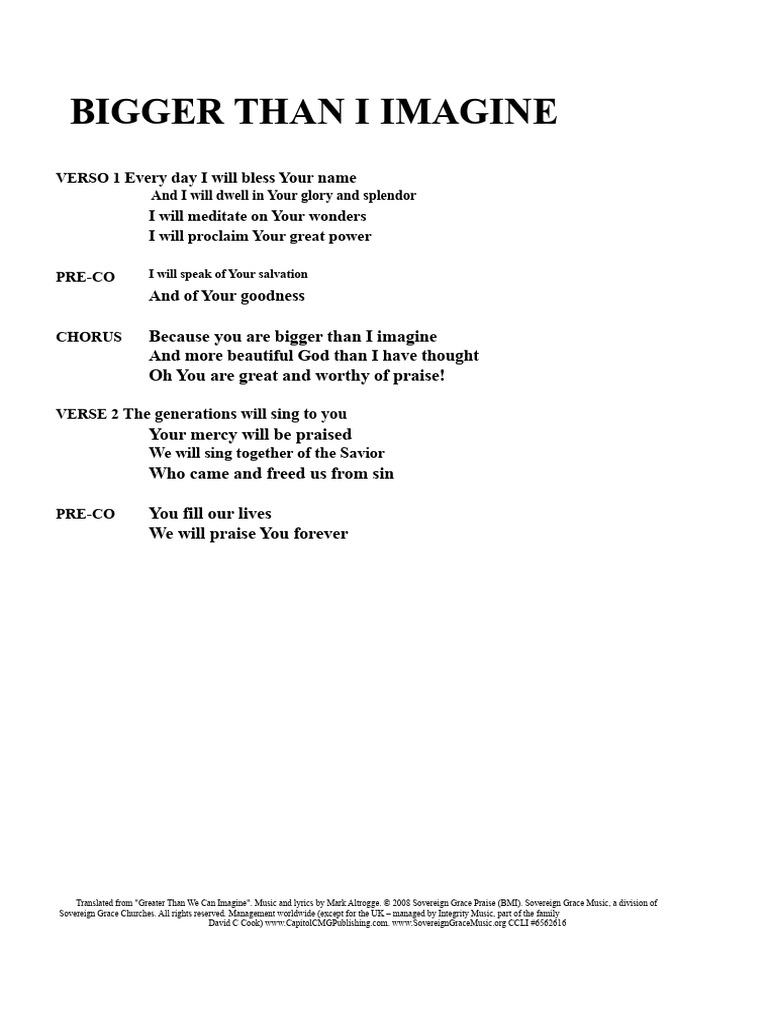 Bigger Than I Imagine Lyrics PDF