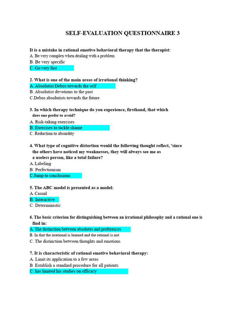 Rational Emotive Therapy Self-Evaluation Quiz | PDF | Rational Emotive ...