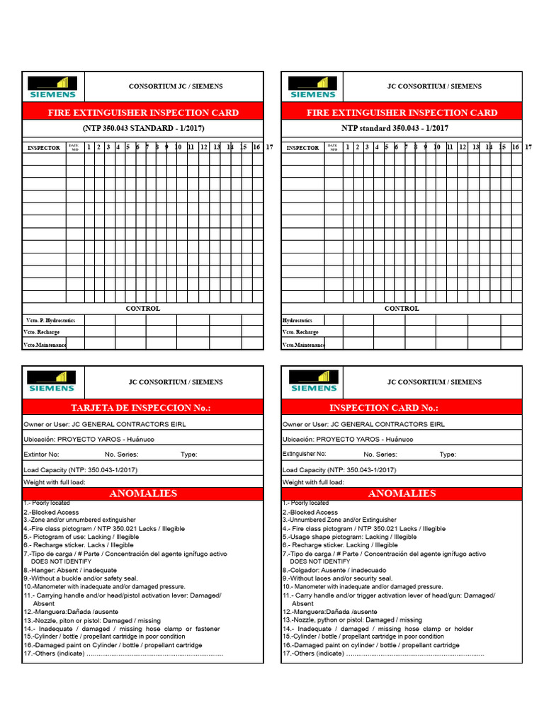 Fire Extinguisher Inspection Card Template | PDF