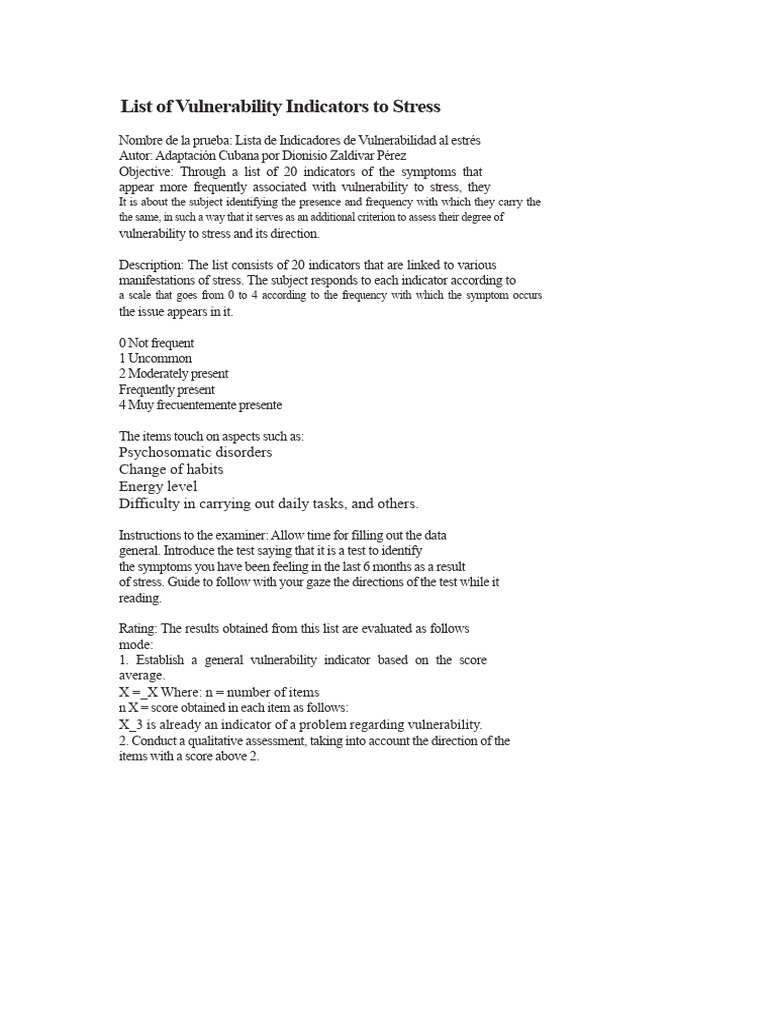 Stress Vulnerability Indicators List | PDF | Human Diseases And ...
