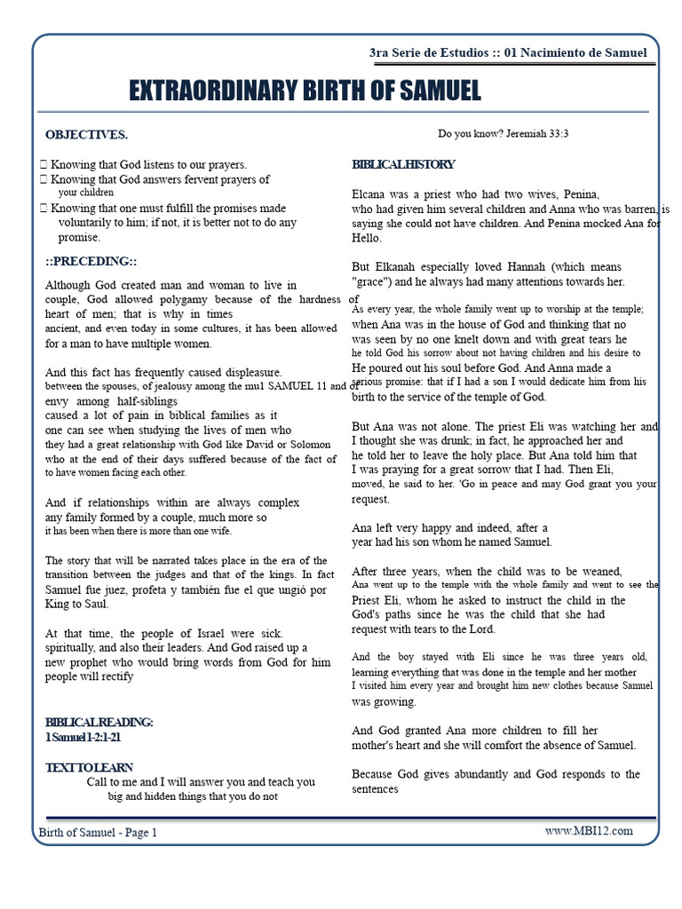 3rd Series of Studies - 01 Birth of Samuel | PDF | Samuel