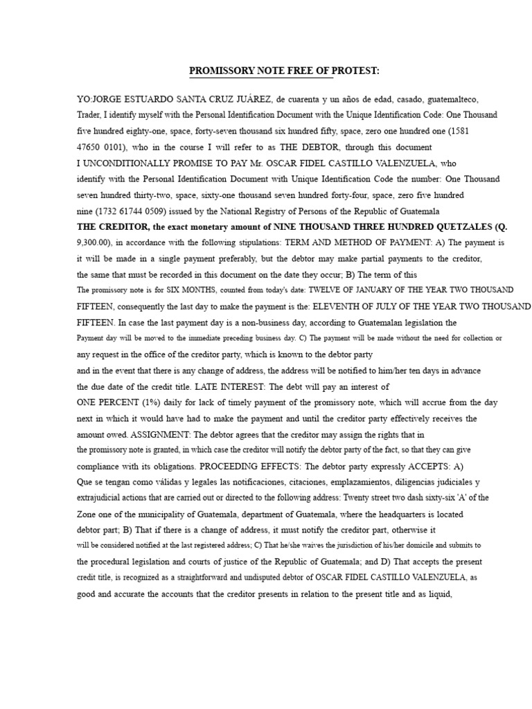 Promissory Note Free of Protest | PDF | Promissory Note | Debtor