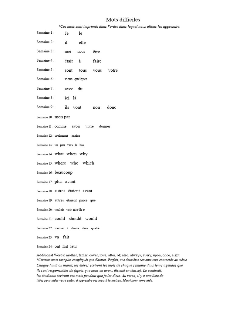 Apprendre des mots difficiles en 24 semaines | PDF