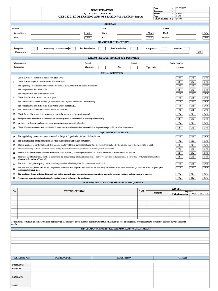 Equipment Quality Control Checklist | PDF | Leak | Mechanical Engineering