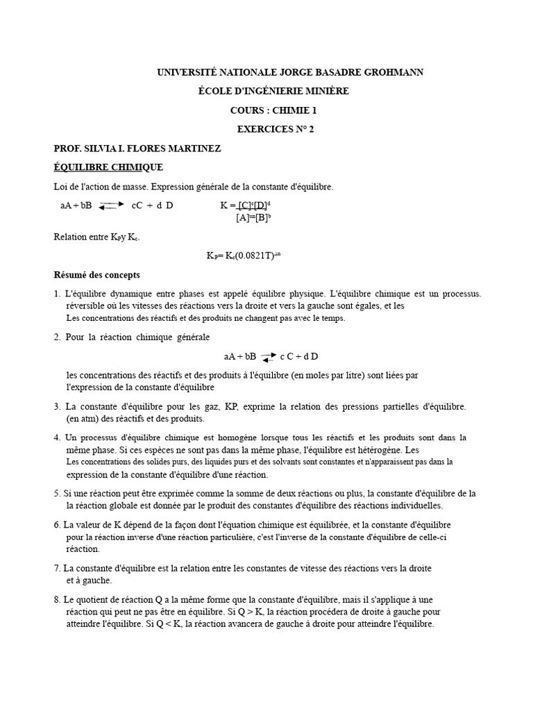Équilibre chimique et constantes K en chimie | PDF | Équilibre chimique ...