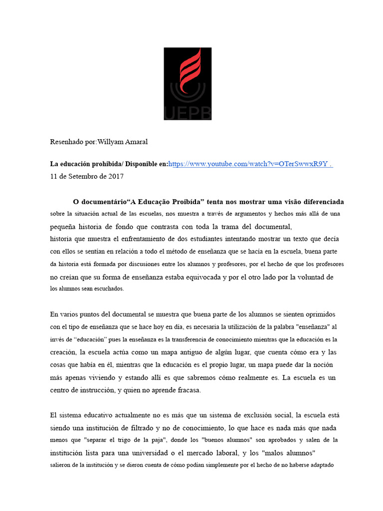 Reseña Crítica - Educación Prohibida | PDF | Enseñando | Escuelas