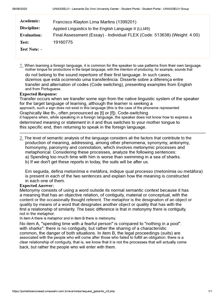 Applied Linguistics To The English Language I - Final Assessment | PDF ...