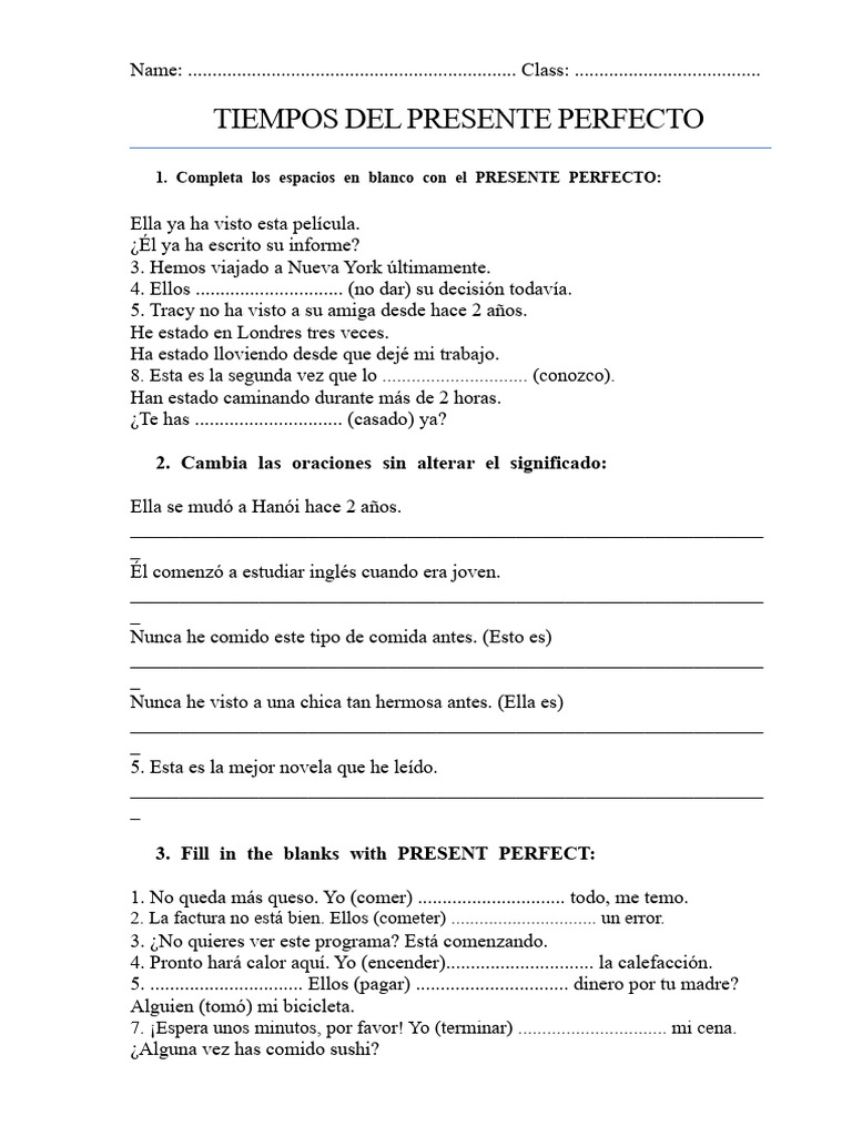 Ejercicios de Presente Perfecto en Inglés | PDF | Verbo