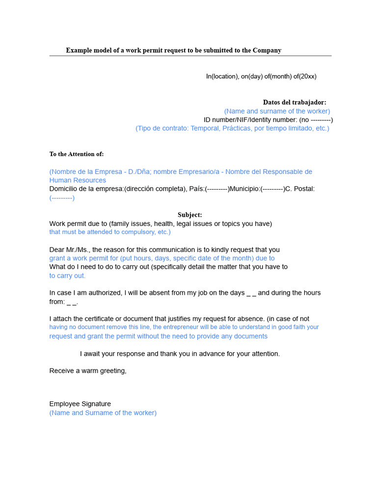 Work Permit Request Template | PDF