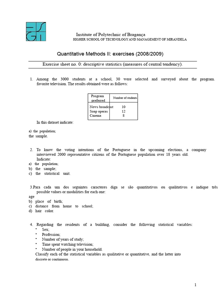 Descriptive Statistics Exercises 2008/09 | PDF | Percentage | Sampling ...