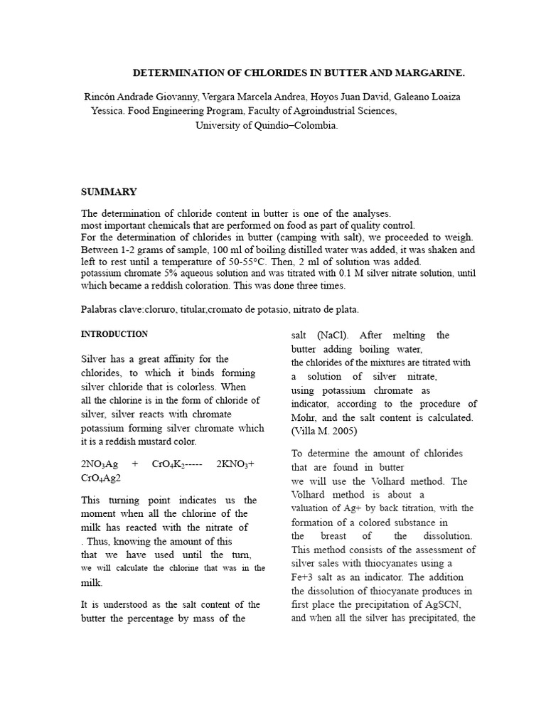 Chloride Analysis in Butter and Margarine | PDF | Chloride | Salt