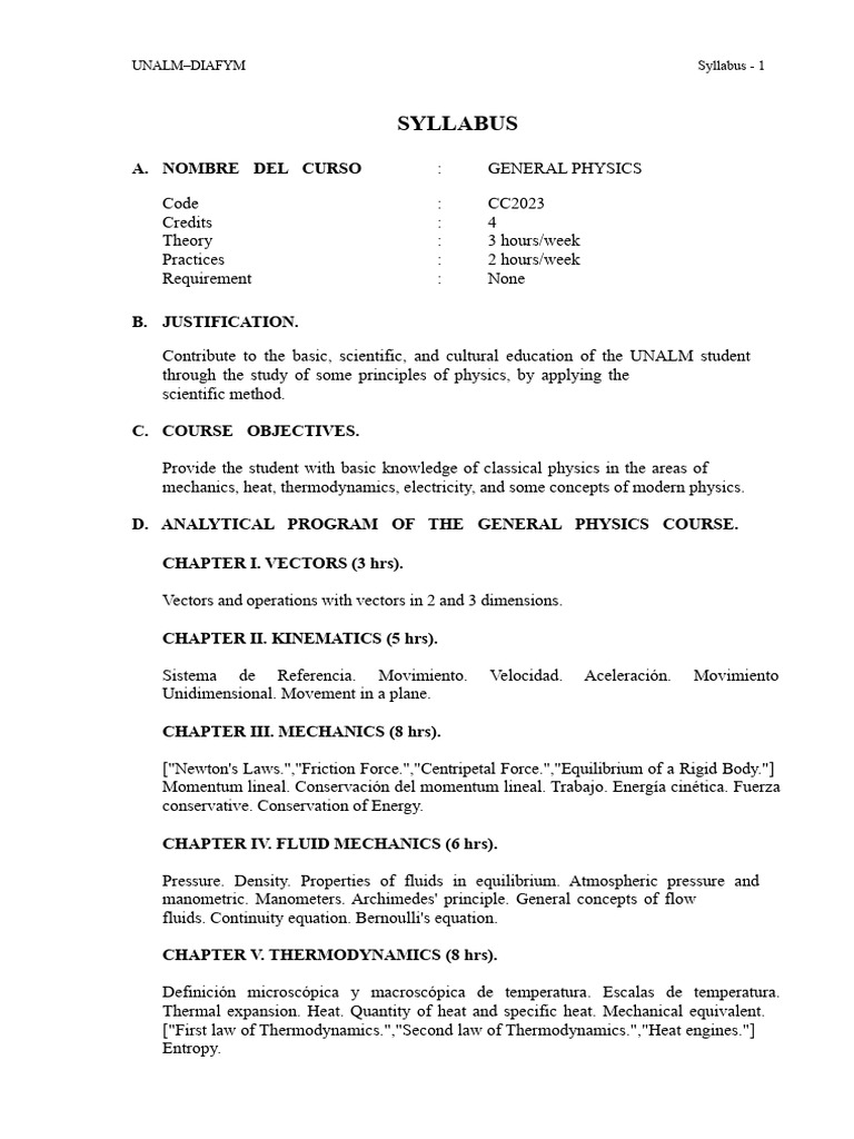 Syllabus of General Physics | PDF | Physics | Mechanics