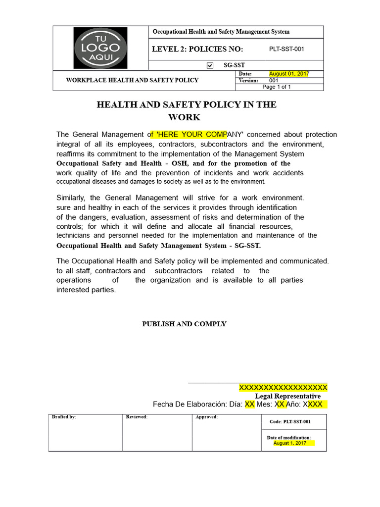 PLT-SST-001 Occupational Health and Safety Policy | PDF | Occupational ...