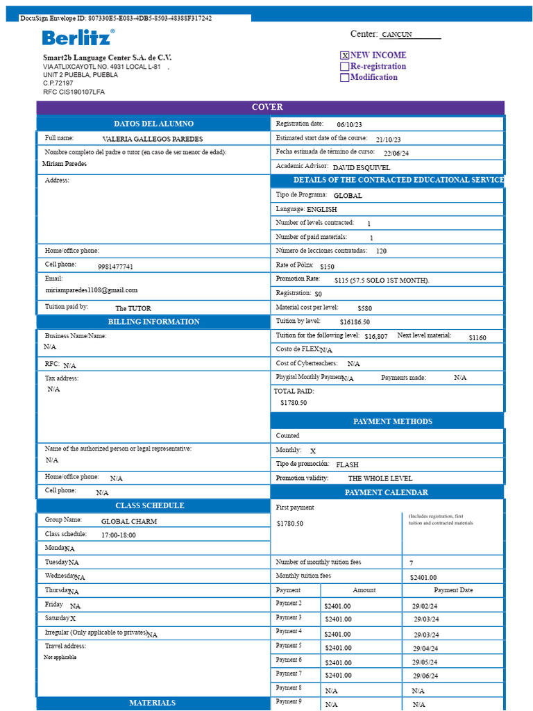Language Course Registration Contract | PDF | Payments | Credit Card