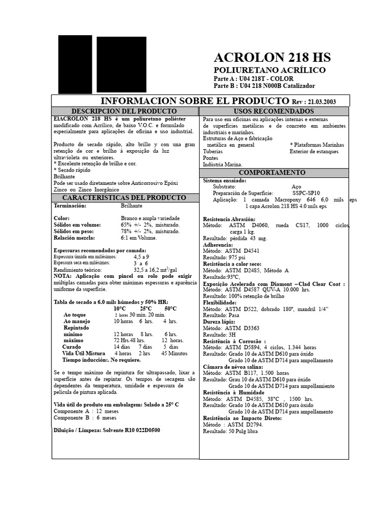 Acrolon 218 HS: Poliuretano Acrílico Industrial | PDF | Poliuretano ...