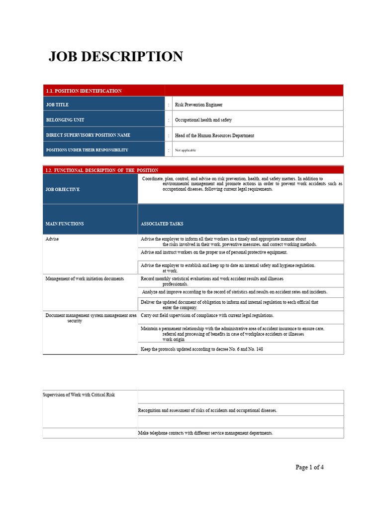 Risk Prevention Engineer Job Description | PDF | Occupational Safety ...