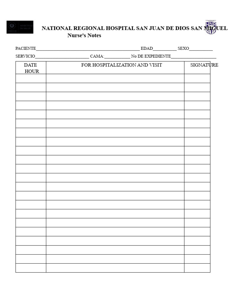 Nurse's Notes Template for Hospital Use | PDF