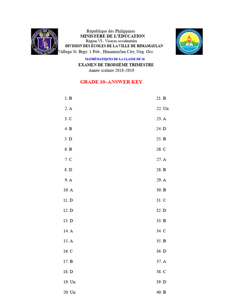 Clé de correction examen maths 10e | PDF