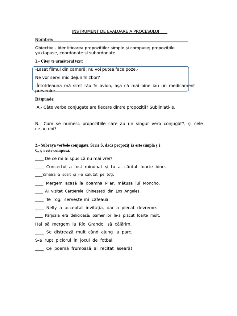 Proba de Propoziții Simple Și Compuse | PDF