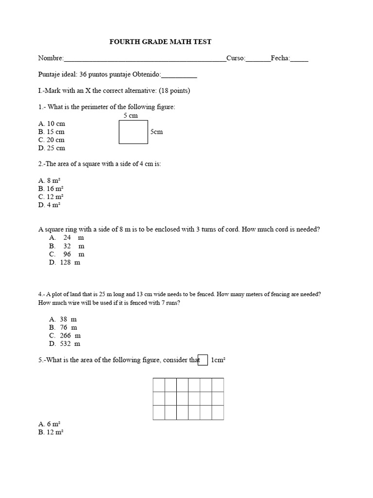 Area and Perimeter Test Fourth Grade | PDF