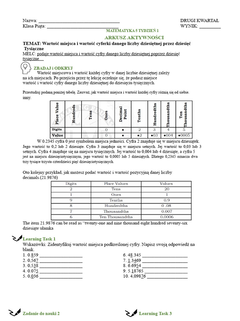 Arkusz Aktywności MATH Q2 W 1 | PDF