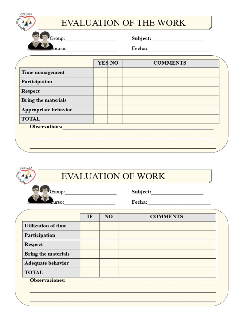 Work Evaluation Checklist Template | PDF