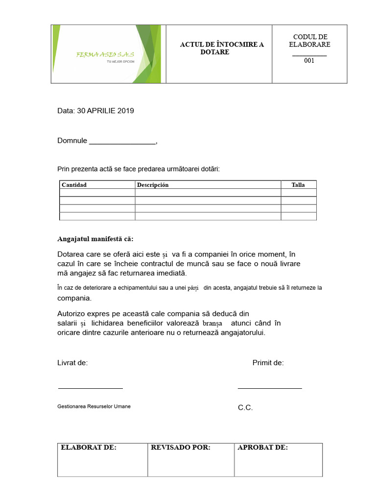 Proces-Verbal de Predare A Uniformelor | PDF