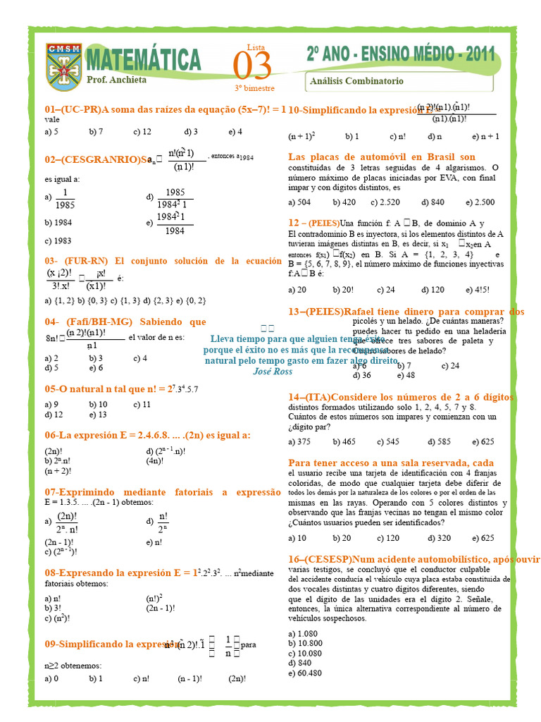 Ejercicios de Análisis Combinatorio y Funciones | PDF | Combinatoria ...