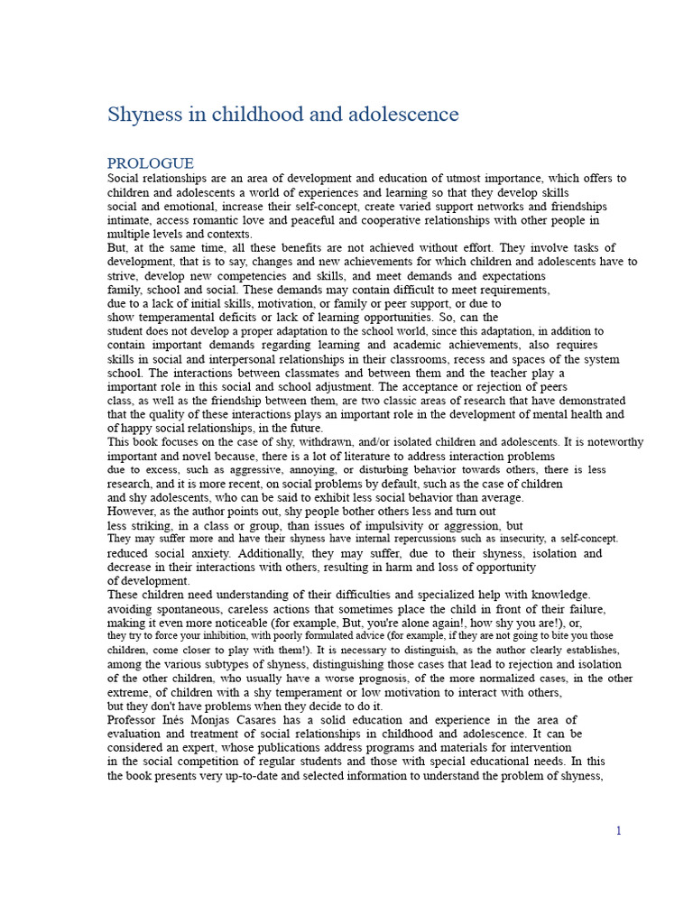 Shyness in Childhood and Adolescence | PDF | Shyness | Social Anxiety ...