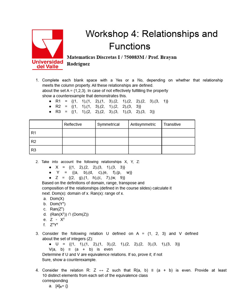 Workshop 4 - Relationships and Functions | PDF | Function (Mathematics ...