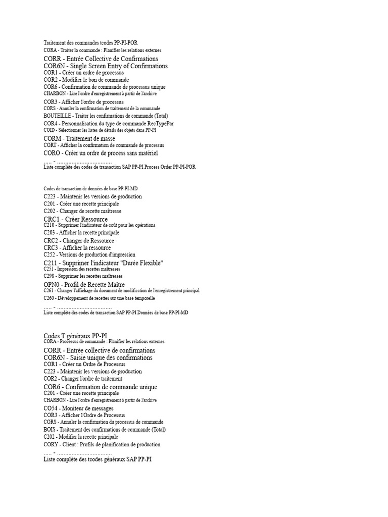 Codes de transaction SAP PP-PI détaillés | PDF | Informatique
