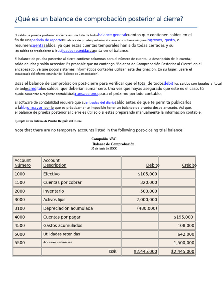 Balance de Comprobación Post-Cierre Explicado | PDF | Contabilidad ...