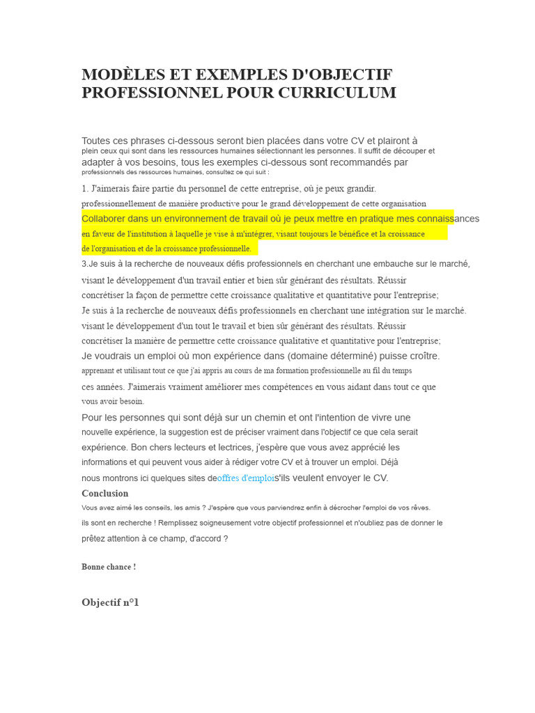 Exemples d'objectifs professionnels CV | PDF | Gestion des ressources ...