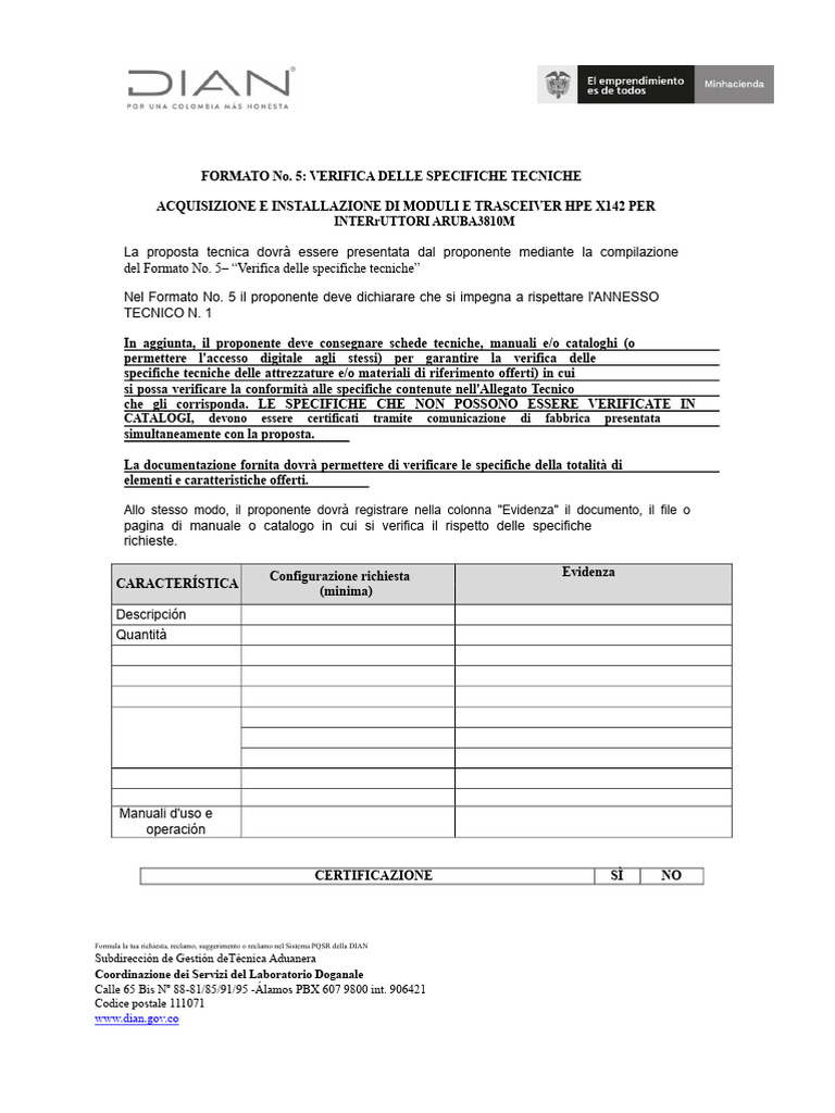Formato N. 5 Verifica Cumplimento Specifiche Tecniche | PDF