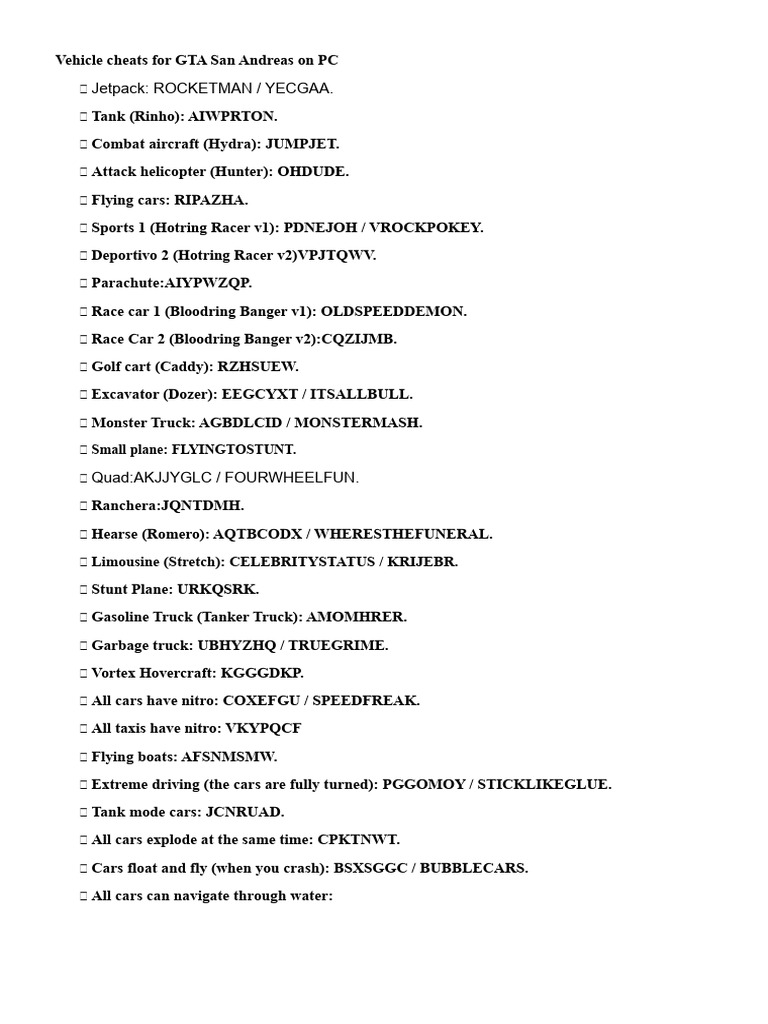 GTA San Andreas PC Vehicle Cheats | PDF | Traffic | Vehicles