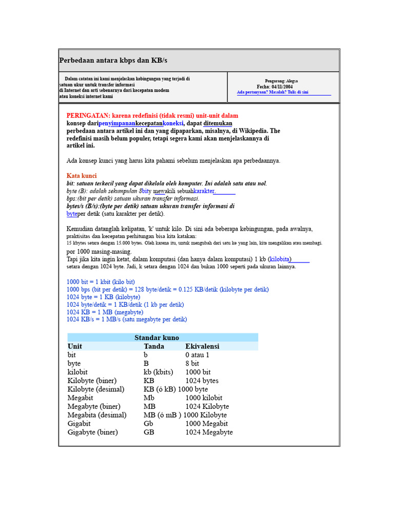 Perbedaan Kbps dan KB/s dalam Internet | PDF