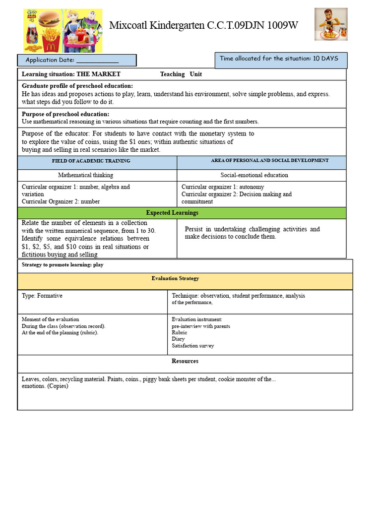 Preschool Market Learning Unit Plan | PDF | Money | Teachers