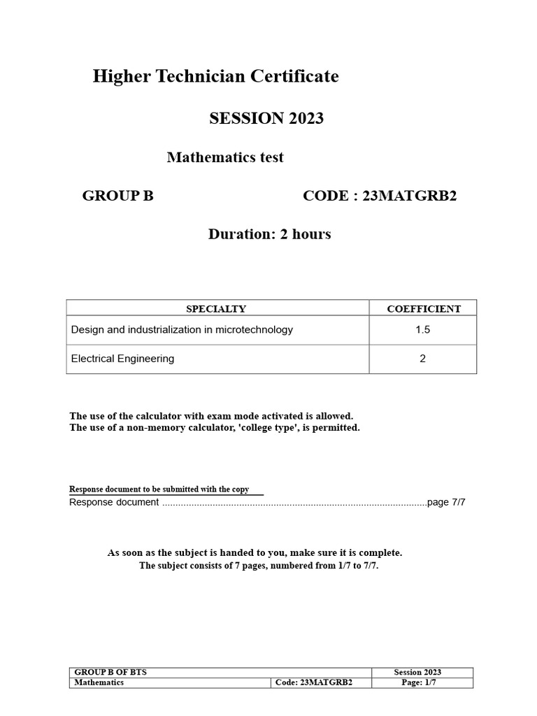 2023 Mathematics Test for Higher Technician | PDF | Equations ...