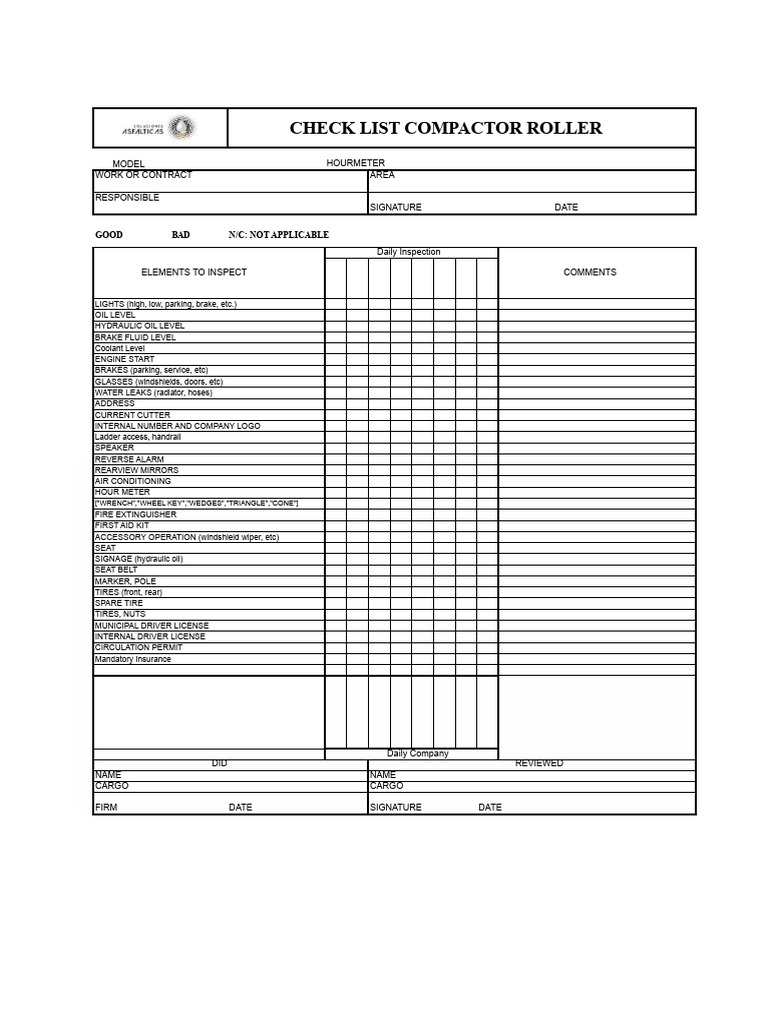 Daily Compactor Roller Inspection Checklist | PDF