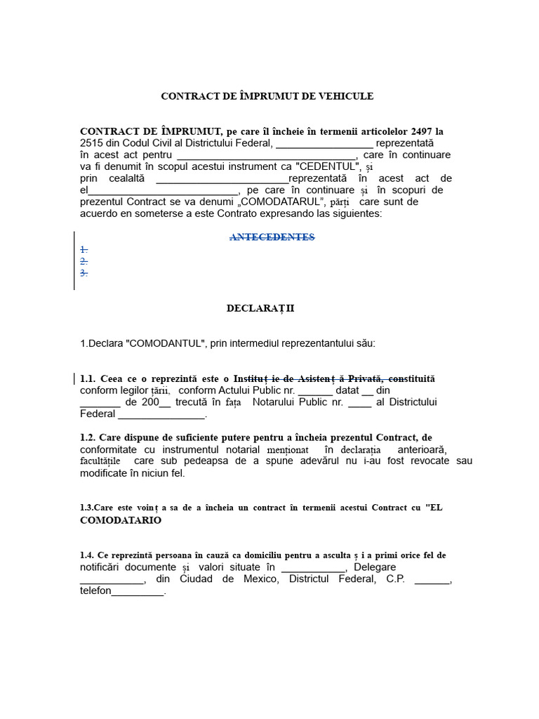 Model de Contract de Comodat Pentru Vehicul | PDF