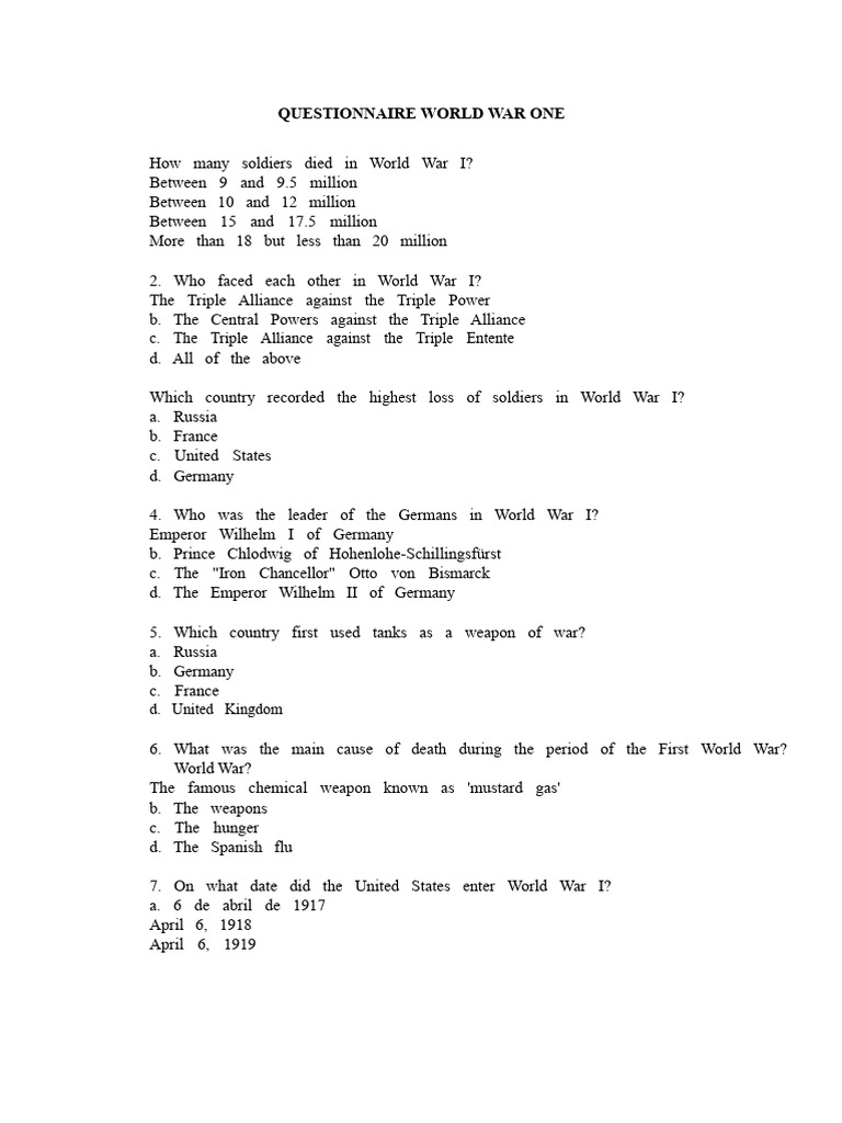 World War I Questionnaire | PDF | World War I | German Empire