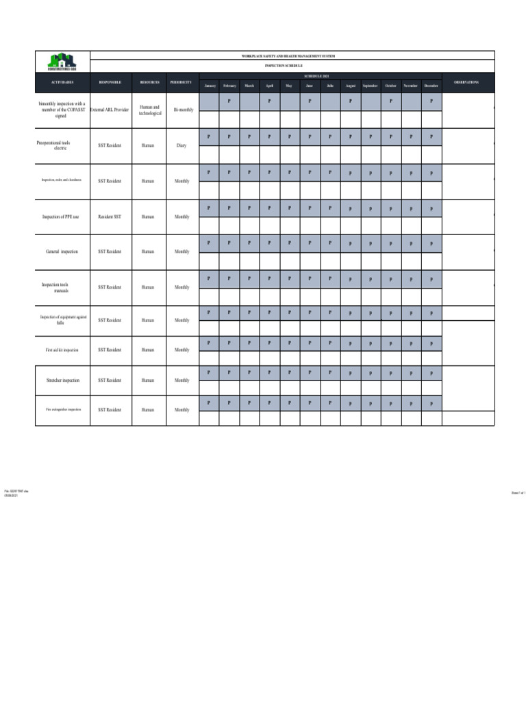 2021 Workplace Safety Inspection Schedule | PDF | Equipment | Labor ...